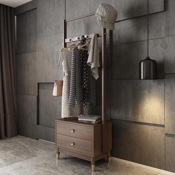 Walnut Classic Clothes Rack with Wood Frame Drawers Included
